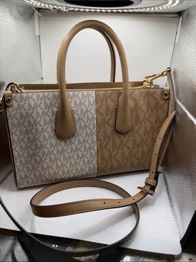Michael Kors Two-Tone Signature Satchel in Tan and Cream